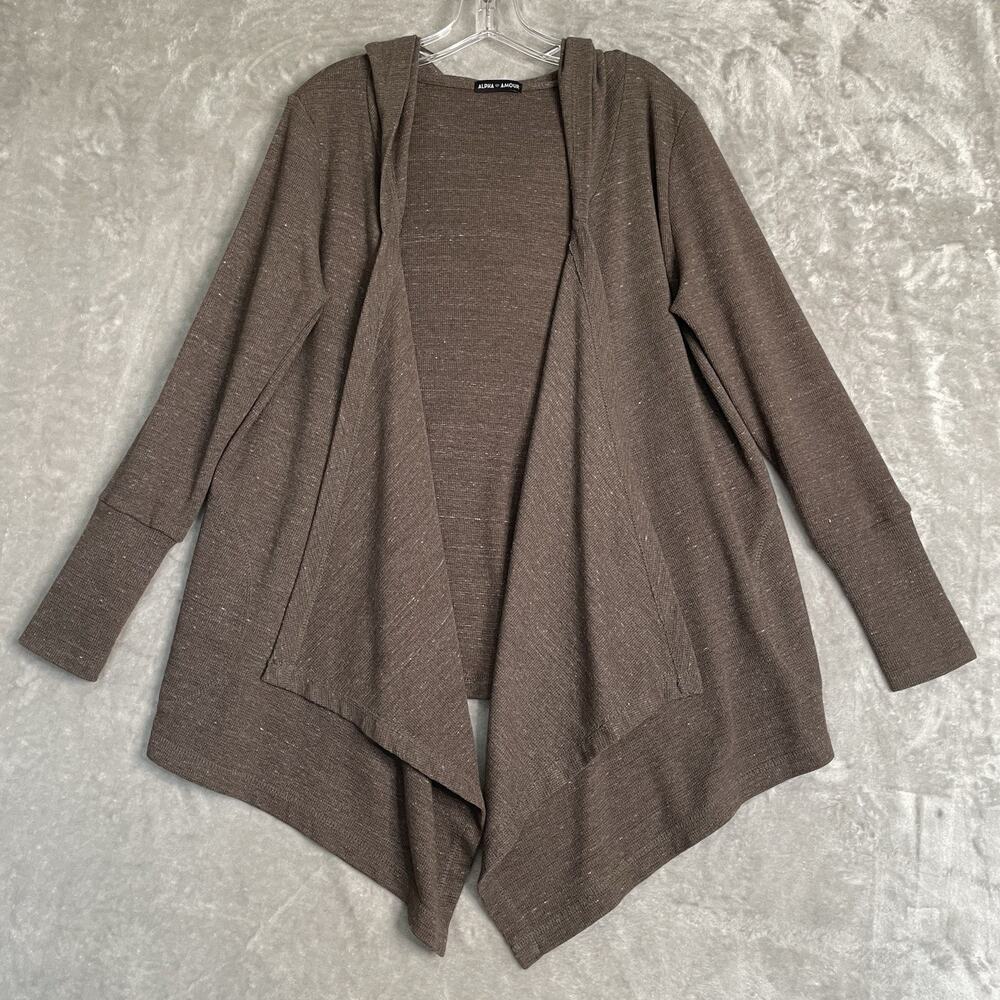 Alpha Amour Cardigan Womens Small Waffle Knit Sweater Open Front Hooded Boho